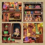 led-lit-whimsical-miniature-plant-storefront LED lit whimsical miniature plant storefront with warm amber glow on shelf