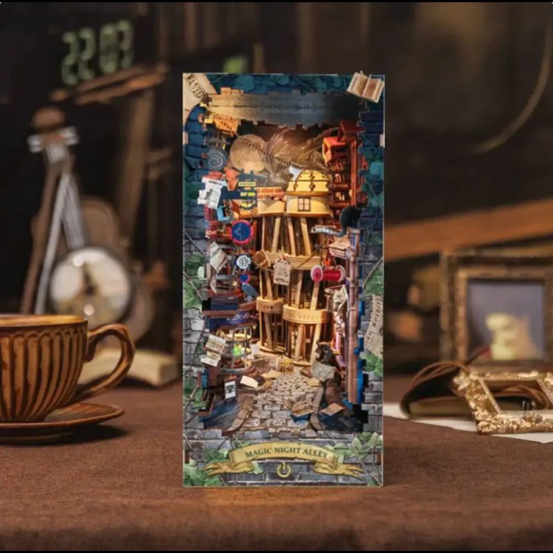Magic Night Alley book nook kit box and components flat lay