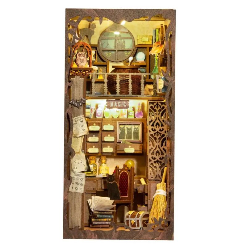 magical-apothecary-book-nook Magical apothecary book nook glowing amber LED between bookshelf volumes