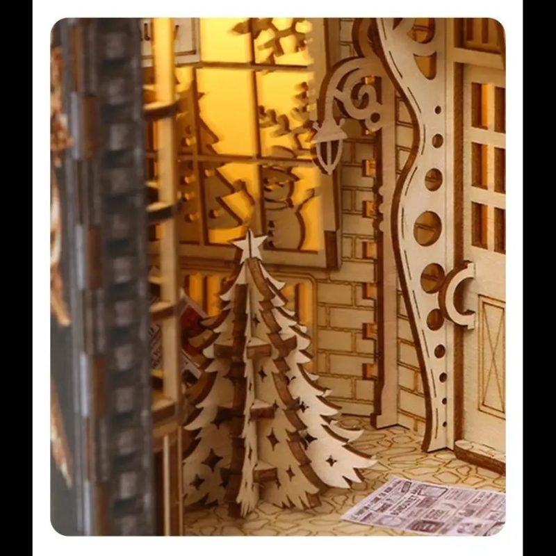 Magical Diagon Alley shelf diorama scene with warm window glow