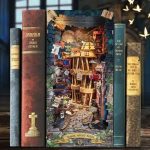 Illuminated book nook alleyway insert glowing between shelf books