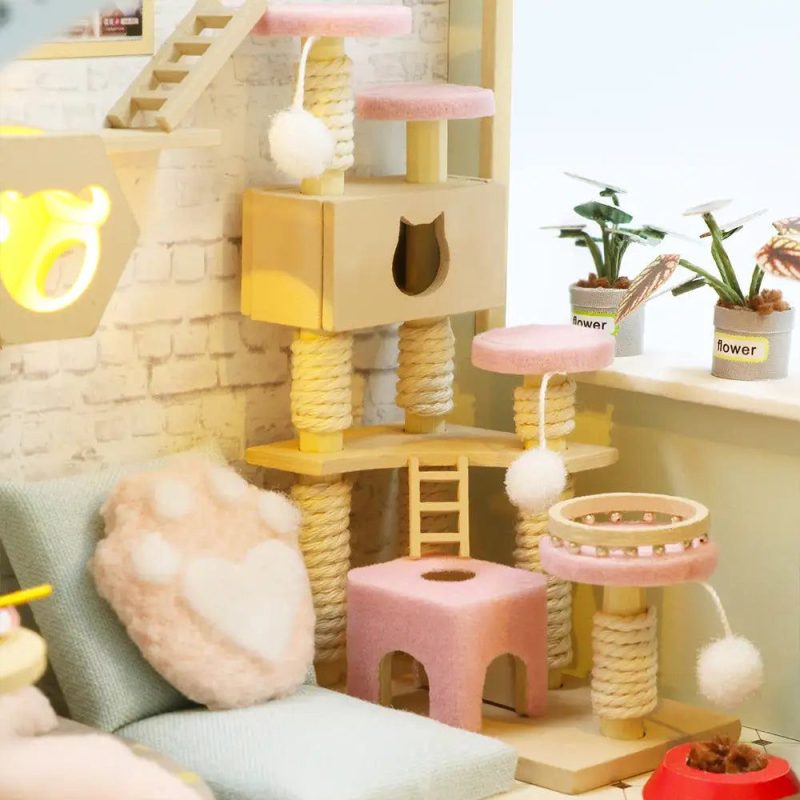miniature-cat-cafe-crafting-kit Miniature cat café crafting kit with laser-cut basswood parts laid out