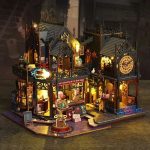 miniature-clock-tower-craft-kit Miniature clock tower craft kit showing bookstore facade and arched windows