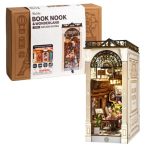 miniature-dating-scene-book-nook-for-shelves Miniature dating scene book nook for shelves with warm ambient lighting creating nostalgic Parisian atmosphere