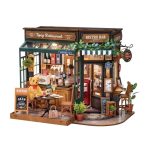 Miniature dining room kit with LED lights and illustrated assembly manual