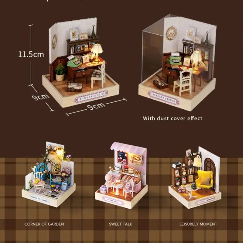 miniature-dollhouse-kit-for-cozy-corner compact miniature dollhouse kit displayed in cozy shelf corner