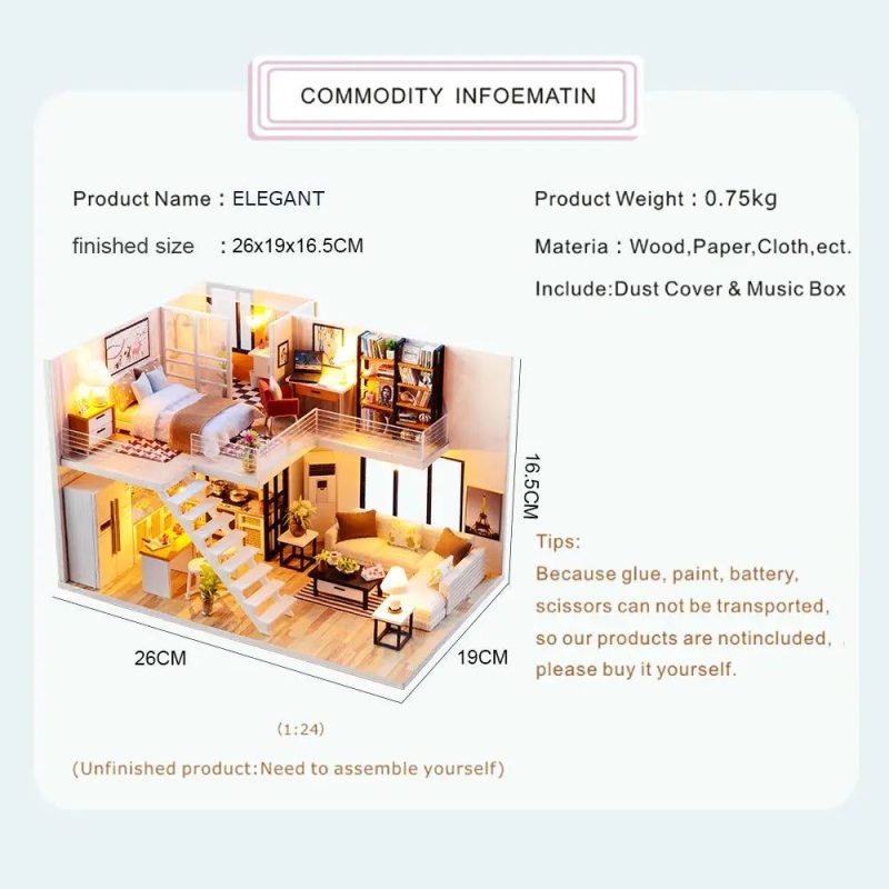 miniature-dollhouse-kit-with-elegant-furnishings Miniature dollhouse kit interior with elegant wood and fabric furnishings