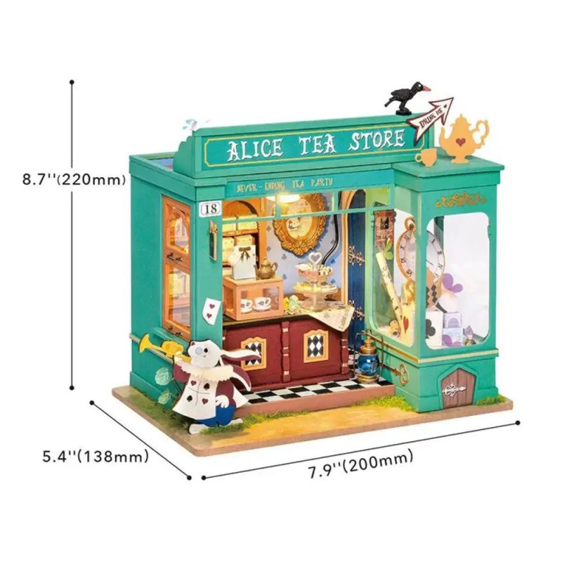 miniature-dollhouse-tea-store-assembly-kit-with-tiny-furniture Miniature dollhouse tea store assembly kit laid out showing all 32 ceramic and resin pieces, wooden house, LED strip, glue dots, and instruction booklet