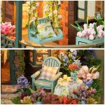 Miniature handcrafted wooden fairy home displayed on a bookshelf