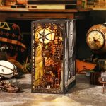 miniature-library-diorama-craft-project Miniature steampunk library diorama craft project with airship and mechanical details