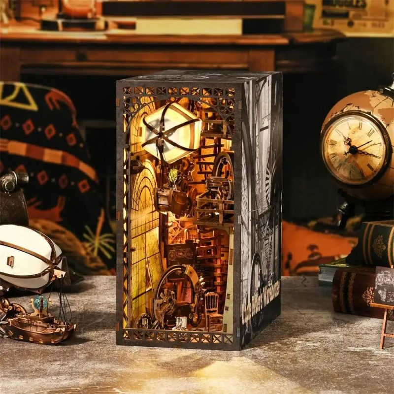 miniature-library-diorama-craft-project Miniature steampunk library diorama craft project with airship and mechanical details