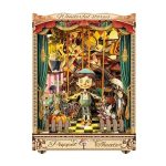miniature-puppet-theater-book-nook-for-bookshelf-display Miniature puppet theater book nook displayed on bookshelf with books