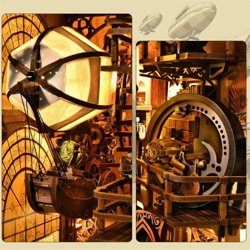 miniature-warehouse-diorama-for-bookshelf-display Miniature warehouse diorama for bookshelf display, steampunk airship dock design