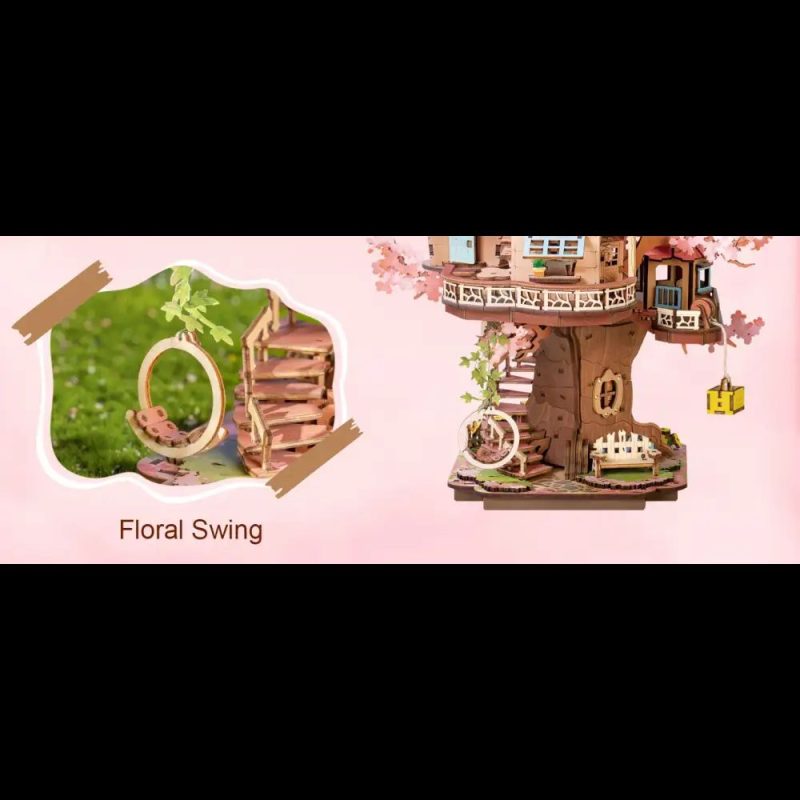 Miniature wooden cottage with cherry blossoms 3D puzzle completed