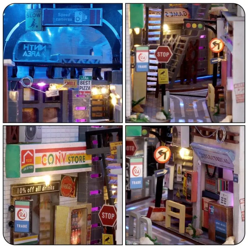 neon-lit-cyberpunk-street-miniature-for-bookshelf-decor Neon-lit cyberpunk street miniature displayed as bookshelf decor