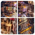 Nighttime miniature alley book nook diorama with warm LED lantern light