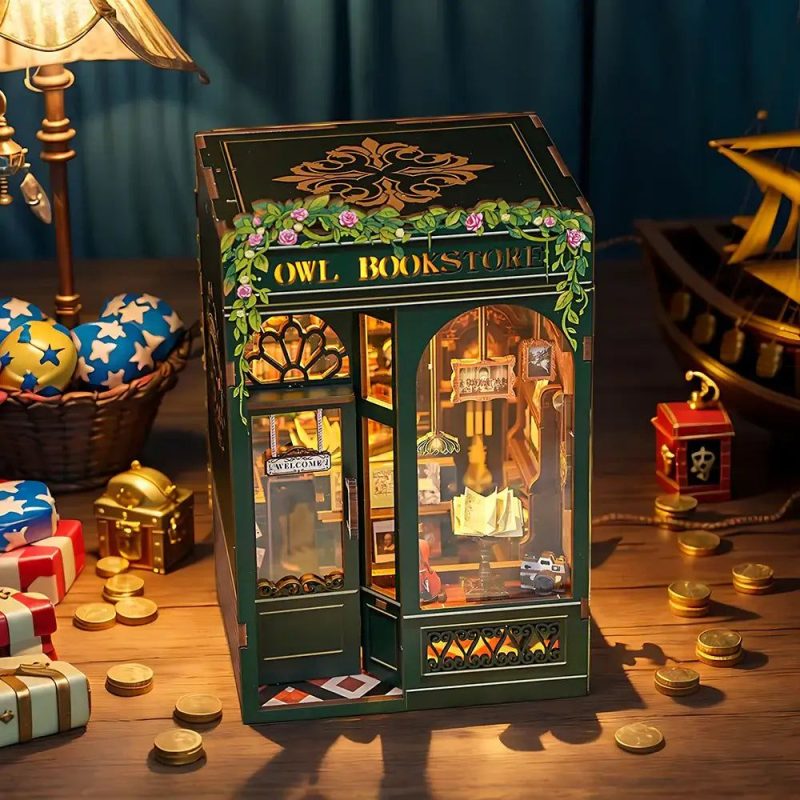 owl-bookstore-book-nook Owl Bookstore Book Nook DIY miniature diorama kit completed on shelf