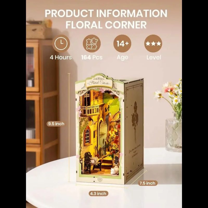 paper-craft-floral-corner-diorama-for-book-lovers Paper and wood floral corner diorama kit for book lovers shelf decoration