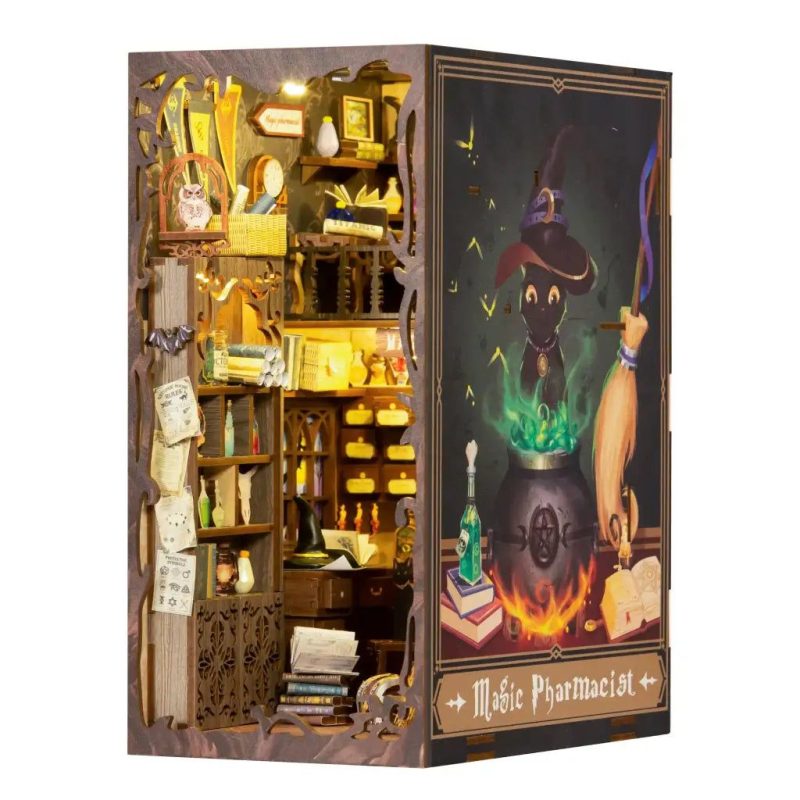 pharmacist-themed-book-nook-diorama Pharmacist themed book nook diorama with miniature vials and wooden shelves