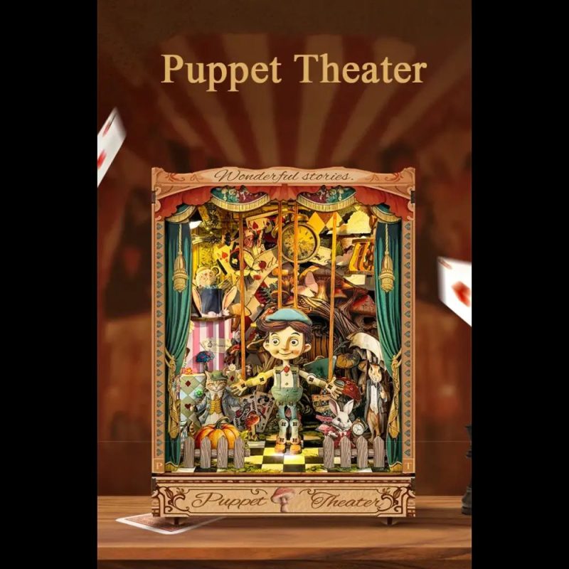 pocket-sized-puppet-theater-for-bookshelf-decoration Pocket-sized puppet theater for bookshelf decoration with working curtain