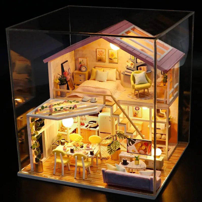 realistic-tiny-bakery-interior-for-dollhouse-scene Realistic tiny bakery interior glowing with warm LED lighting in finished miniature dollhouse scene