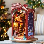 Detailed resin miniature bookstore scene positioned as holiday bookshelf decoration