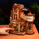 rotating-wooden-carousel-music-box-keepsake-for-home-decor Wooden music box keepsake display with animated factory scene for home decor