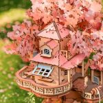 Sakura cherry blossom wooden miniature house puzzle on desk display