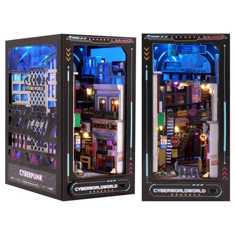 sci-fi-bookshelf-diorama-with-glowing-signs-and-details Sci-fi bookshelf diorama with glowing signs and layered architectural details