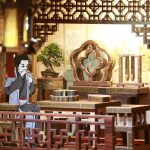 Shelf decoration portraying classic Chinese ink painting interior and scholarly setting