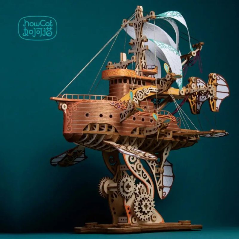 steampunk-flying-ship-diy-wooden-3d-model-kit Steampunk flying ship DIY wooden 3D model kit fully assembled on desk