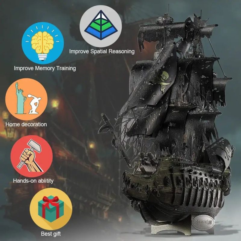 Steampunk-inspired metal sailing ship model with tattered sail texture close-up