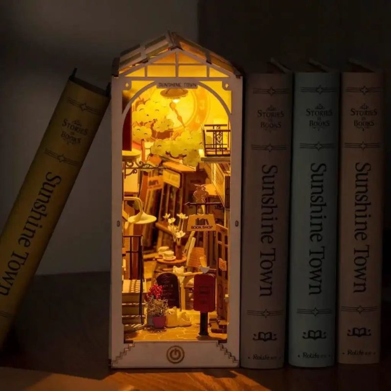 sunshine-town-book-nook-kit Sunshine Town Book Nook Kit complete assembled shelf insert with warm LED glow
