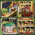 laser-cut wood craft kit for miniature bookstore scene assembly