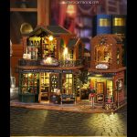 tabletop-miniature-house-from-world-of-warcraft Tabletop Warcraft miniature house kit displayed on bookshelf