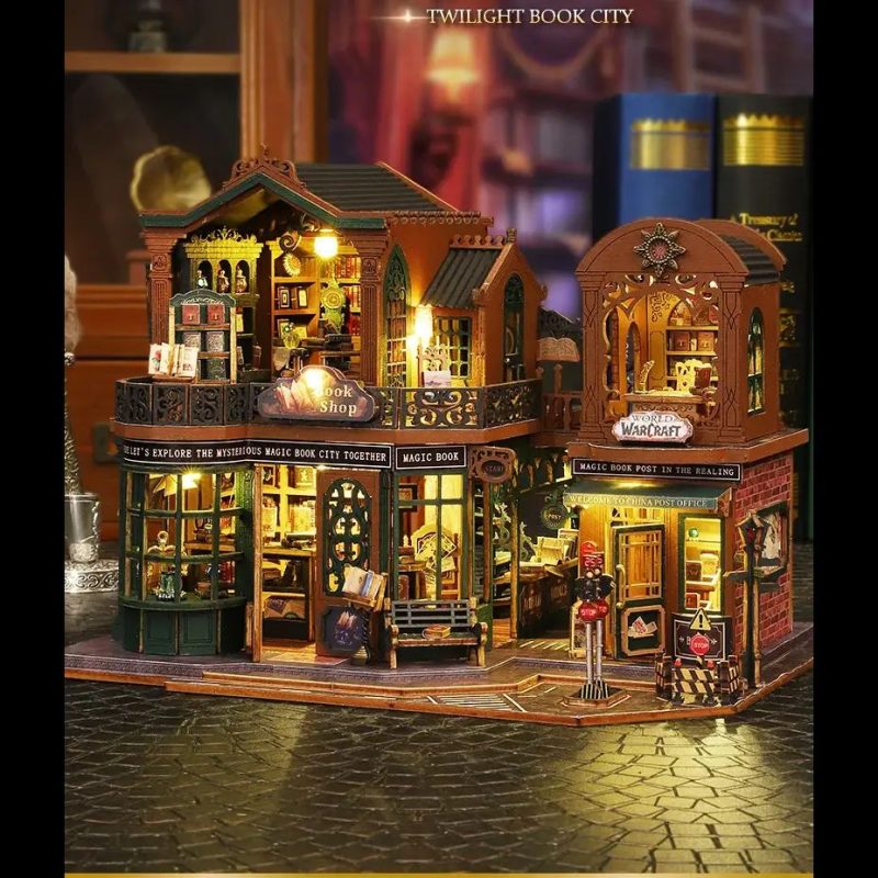 tabletop-miniature-house-from-world-of-warcraft Tabletop Warcraft miniature house kit displayed on bookshelf