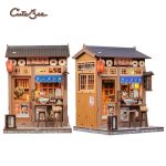 tiny cozy ramen stall book nook scene with warm LED lanterns lit