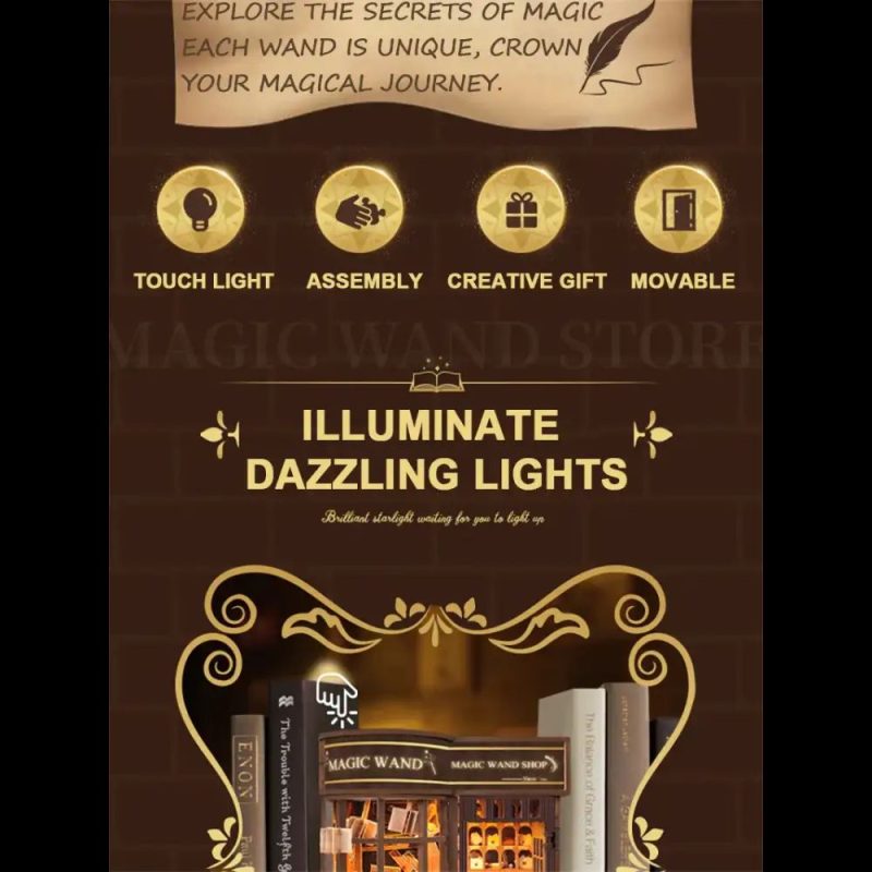 tiny-enchanted-wand-shop-display Tiny enchanted wand shop display with warm LED light casting shelf shadows
