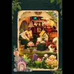 tiny-garden-house-model-kit-with-led-light-features Tiny garden house model kit with LED light features on a bookshelf