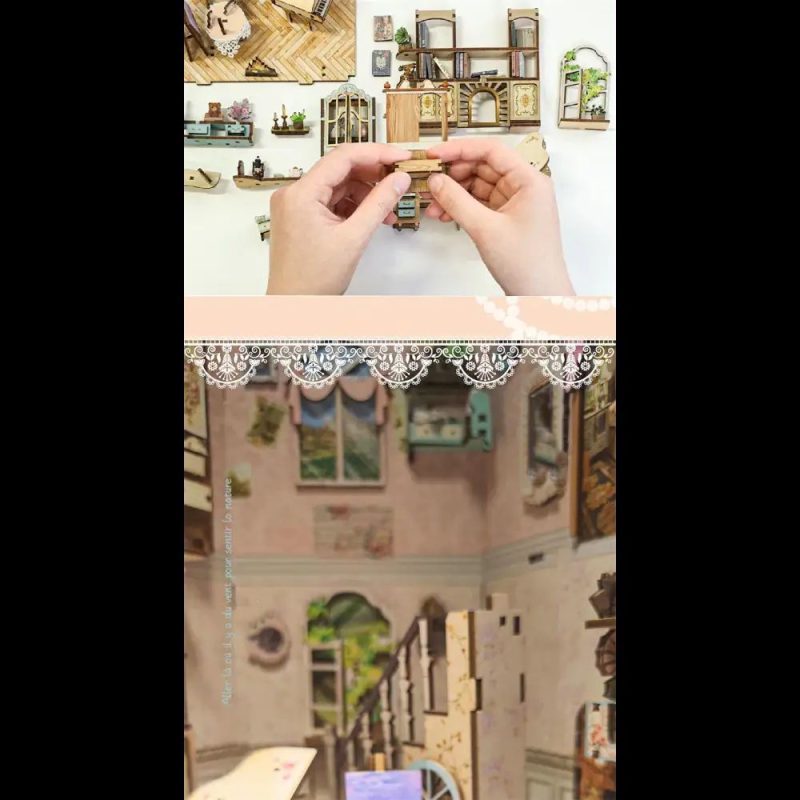 tiny-storybook-alley-bookshelf-diorama Tiny storybook alley bookshelf diorama with rustic fence and lantern