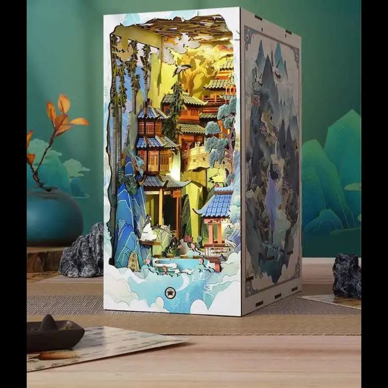 traditional-chinese-tea-house-miniature-bookshelf-scene Traditional Chinese tea house miniature scene glowing on a bookshelf at night
