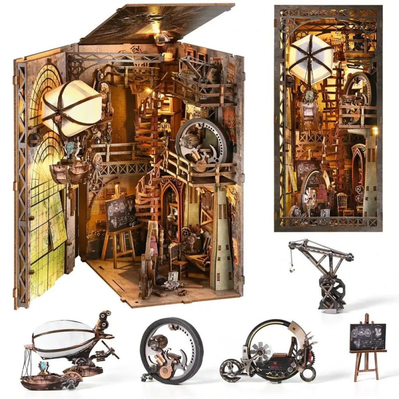uncle-peter-s-warehouse-diy-book-nook-kit Uncle Peter's Warehouse steampunk book nook kit with airship and gears