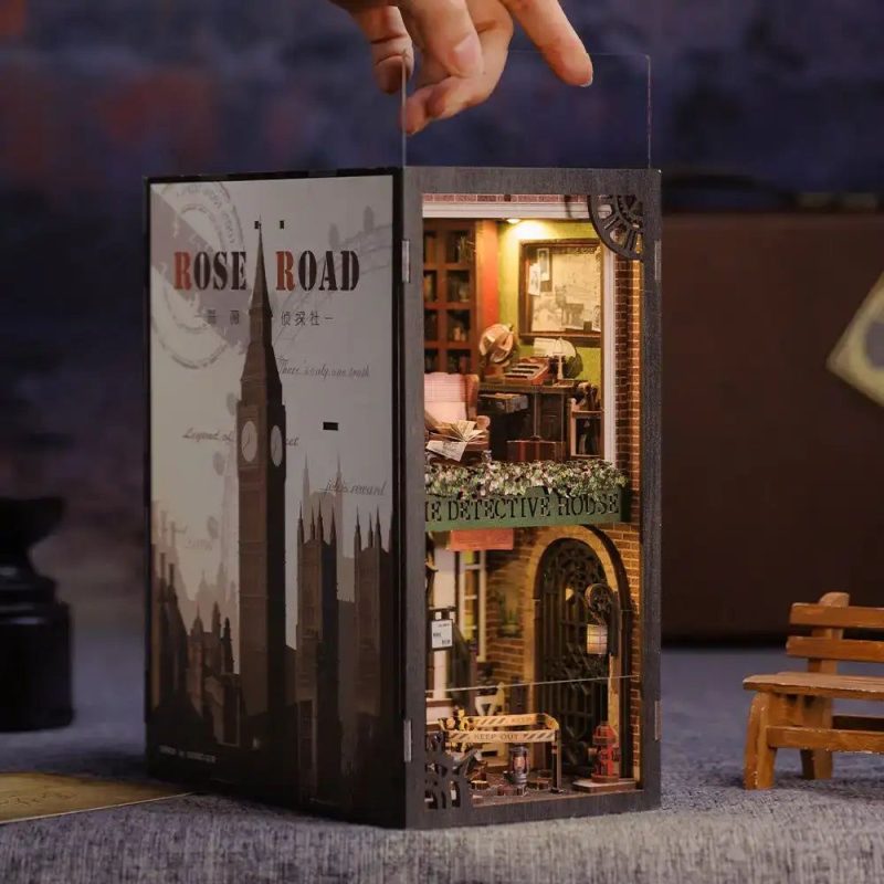 victorian-detective-miniature-bookshelf-insert-with-roses Victorian detective miniature bookshelf insert with rose wallpaper and tiny desk