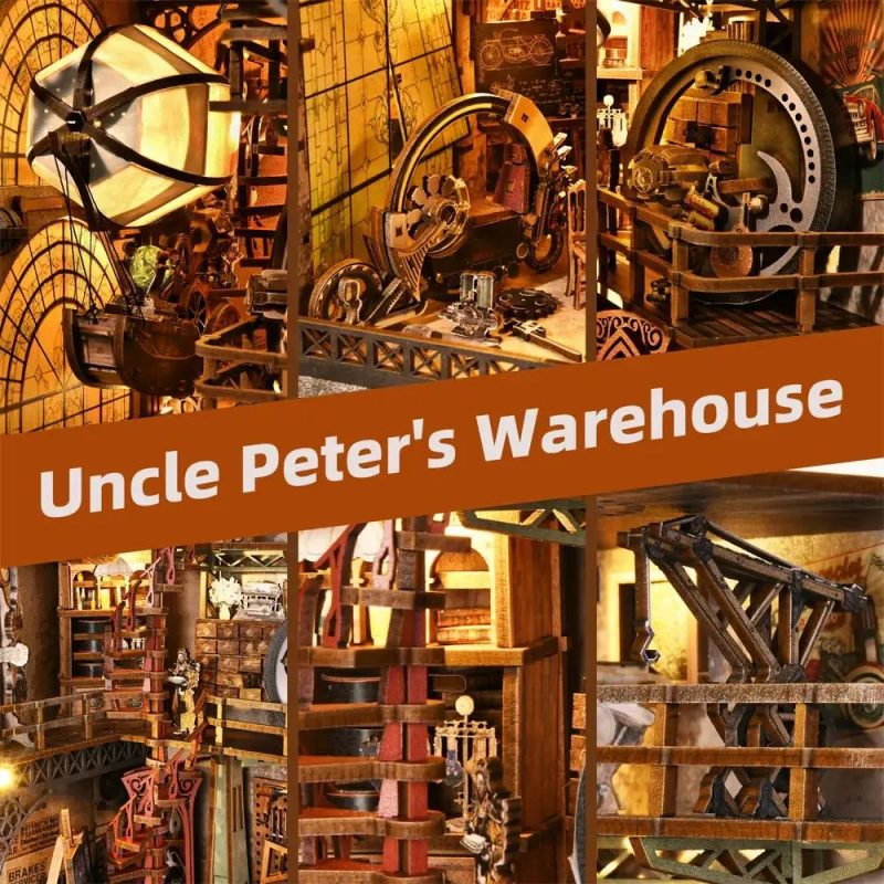 vintage-style-miniature-warehouse-scene-kit Vintage steampunk miniature warehouse scene kit with aged brass and natural wood
