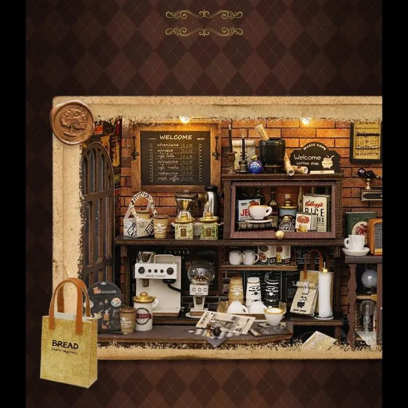 warm lit cafe book nook with detailed furnishings