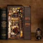 whimsical-apothecary-cabinet-book-nook Whimsical apothecary cabinet book nook kit assembled on home bookshelf