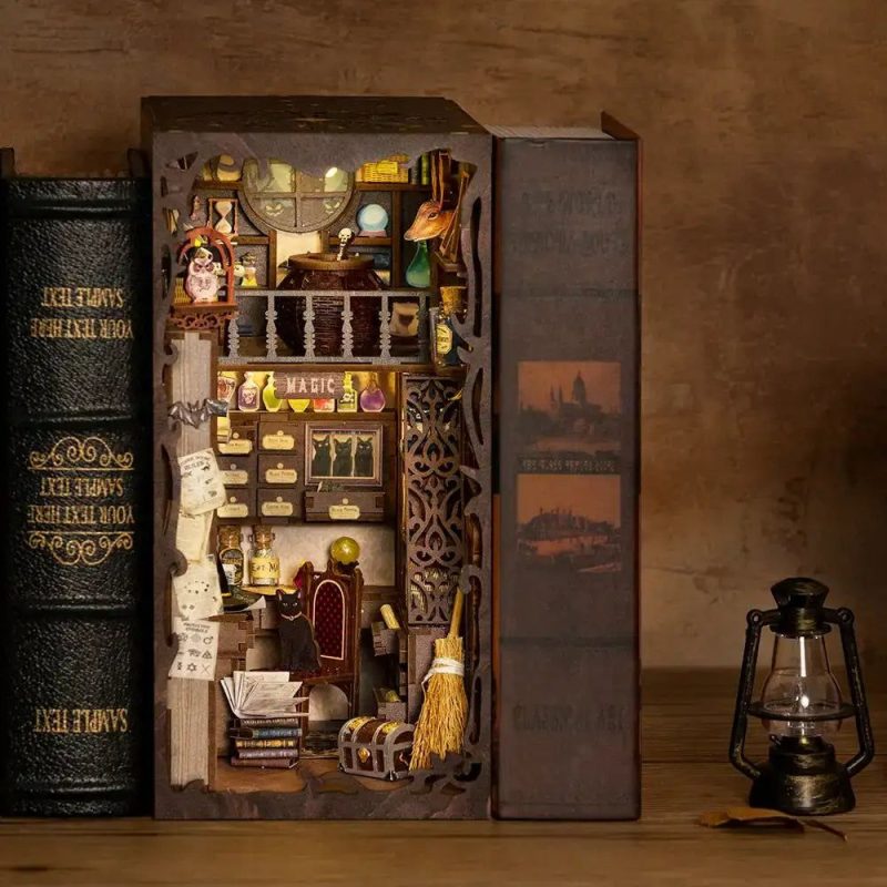 whimsical-apothecary-cabinet-book-nook Whimsical apothecary cabinet book nook kit assembled on home bookshelf