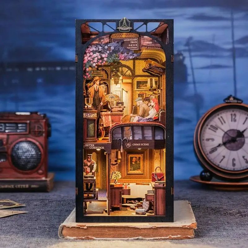 wooden-book-nook-kit-depicting-a-vintage-train wooden book nook kit depicting vintage train station in basswood