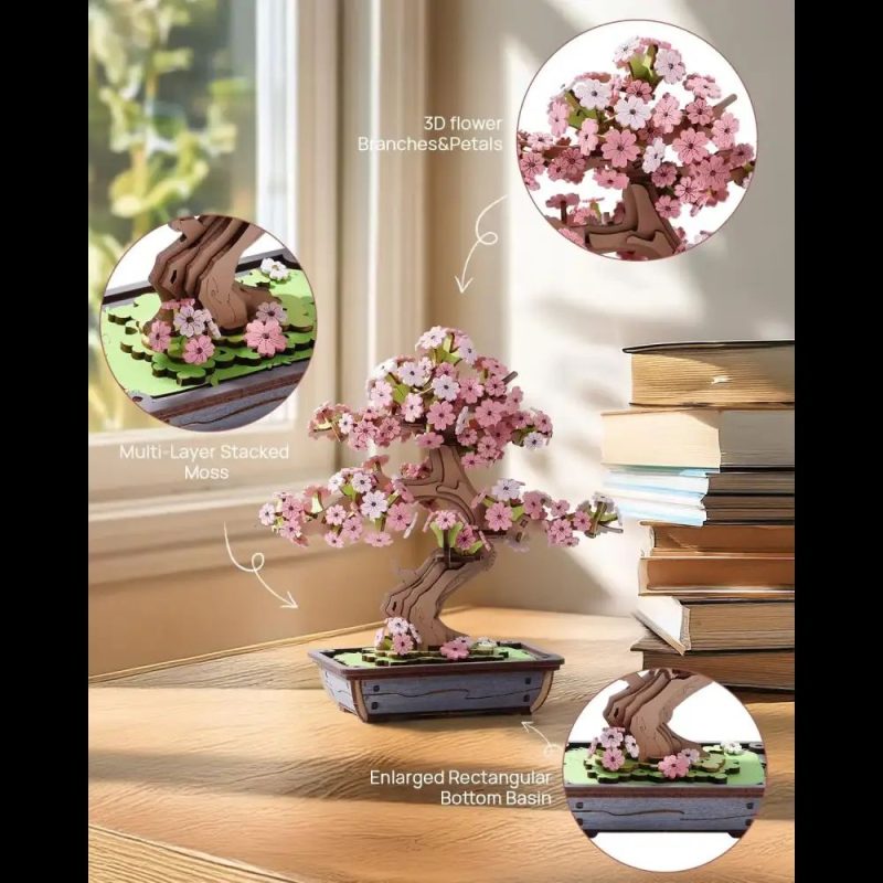 wooden-cherry-blossom-miniature-plant Finished Sakura bonsai wooden puzzle displayed on bookshelf next to other miniature kits