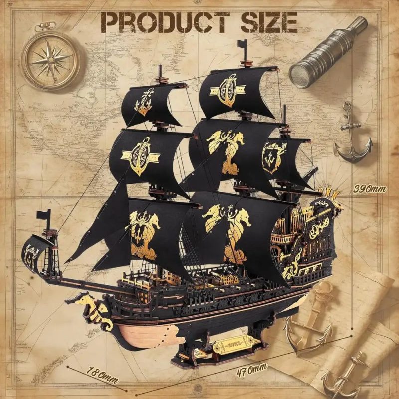 wooden-sailing-ship-scale-model-with-intricate-rigging Wooden sailing ship scale model with intricate rigging and black-and-gold sail design